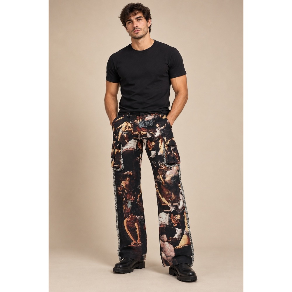 Rebel Vengeance Renaissance Tapestry Cargo Pants Woven Frayed Edge Mens 28 NEW